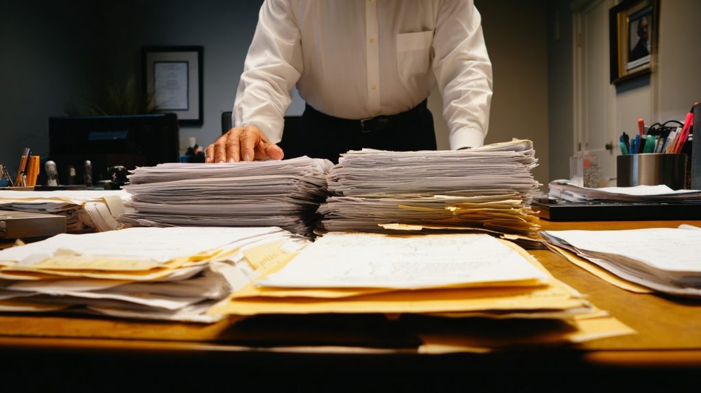 Investigator conducting in-depth review of case files.